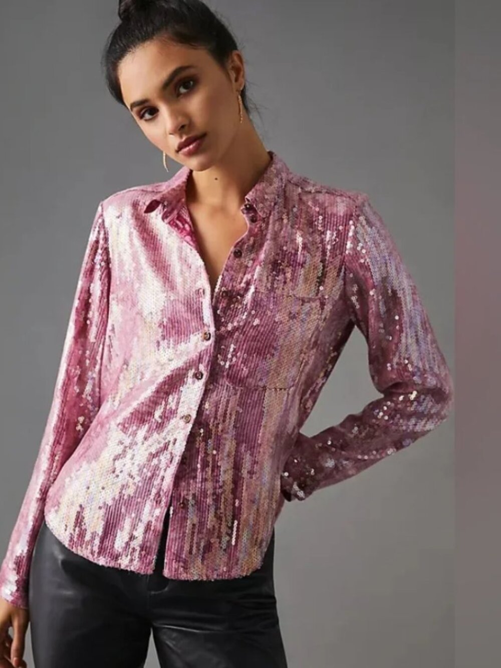 Pilcro Anthropologie Shrunken Pink Sequin Button Down Shirt Blouse
